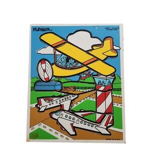 Vintage Playskool Flying High Wooden Inlay Puzzle 18 Pieces Airport 335-07 USA